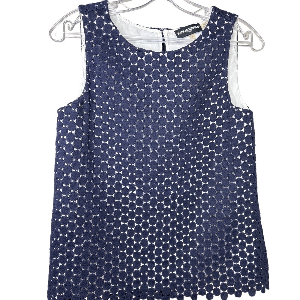 Karl Lagerfeld Paris Sleeveless Top Size 2 Navy Blue White Eyelet Blouse